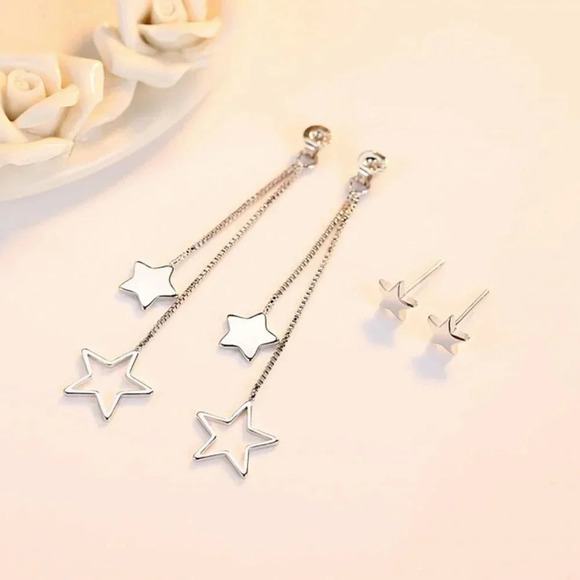 925 Sterling Silver Star Star Dangle Drop Earrings Star Long Tassel Earrings - Picture 4 of 5